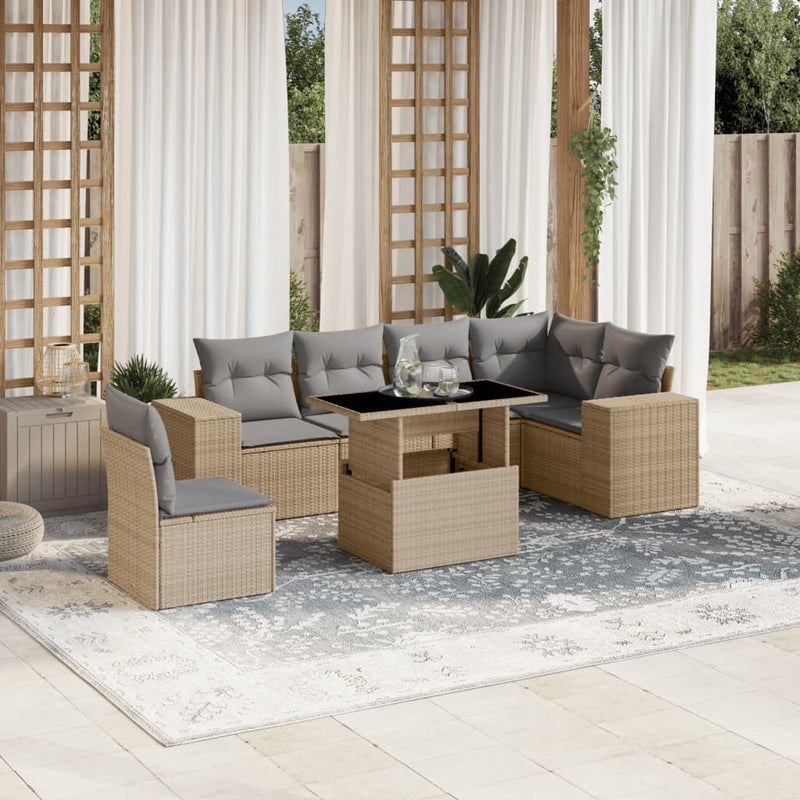 7 Piece Garden Sofa Set with Cushions Beige Poly Rattan Payday Deals