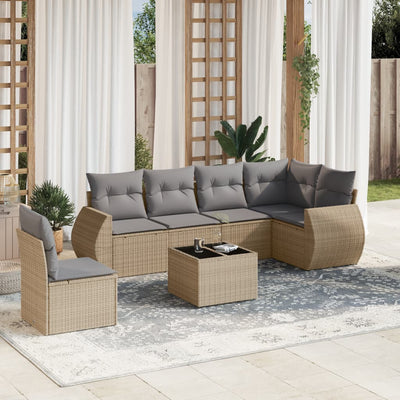 7 Piece Garden Sofa Set with Cushions Beige Poly Rattan