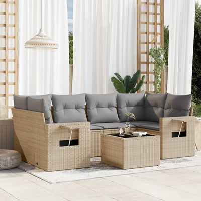 7 Piece Garden Sofa Set with Cushions Beige Poly Rattan