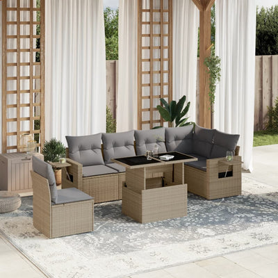 7 Piece Garden Sofa Set with Cushions Beige Poly Rattan