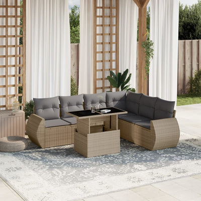 7 Piece Garden Sofa Set with Cushions Beige Poly Rattan