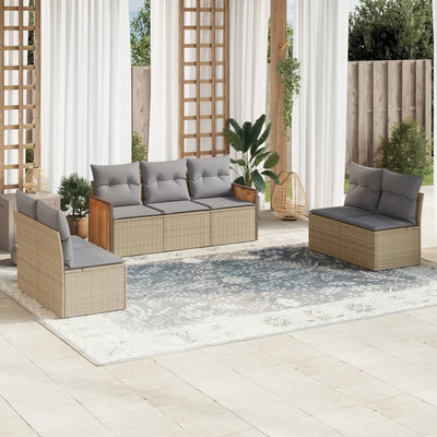 7 Piece Garden Sofa Set with Cushions Beige Poly Rattan