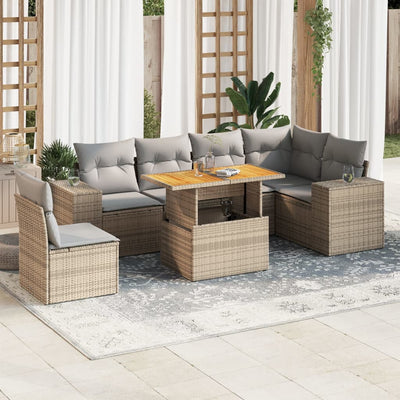 7 Piece Garden Sofa Set with Cushions Beige Poly Rattan