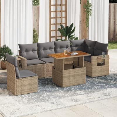 7 Piece Garden Sofa Set with Cushions Beige Poly Rattan