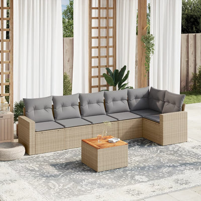 7 Piece Garden Sofa Set with Cushions Beige Poly Rattan