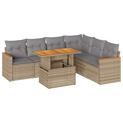 7 Piece Garden Sofa Set with Cushions Beige Poly Rattan Acacia Payday Deals