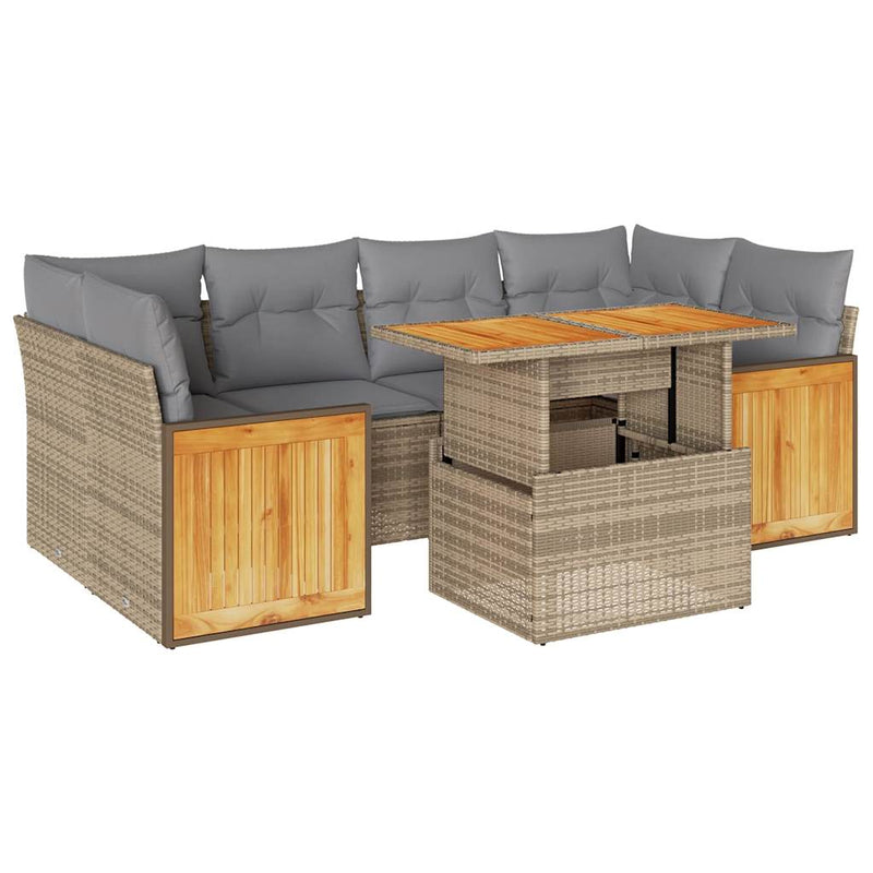 7 Piece Garden Sofa Set with Cushions Beige Poly Rattan Acacia Payday Deals