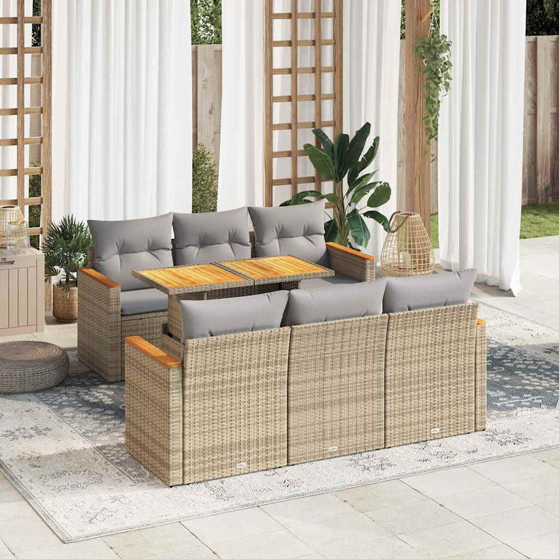 7 Piece Garden Sofa Set with Cushions Beige Poly Rattan Acacia Payday Deals