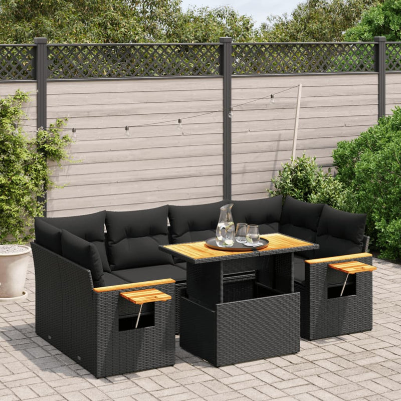 7 Piece Garden Sofa Set with Cushions Black Poly Rattan Payday Deals