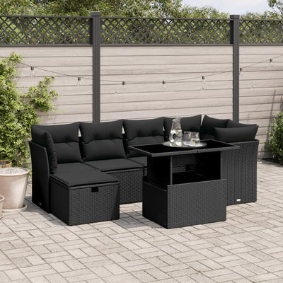 7 Piece Garden Sofa Set with Cushions Black Poly Rattan