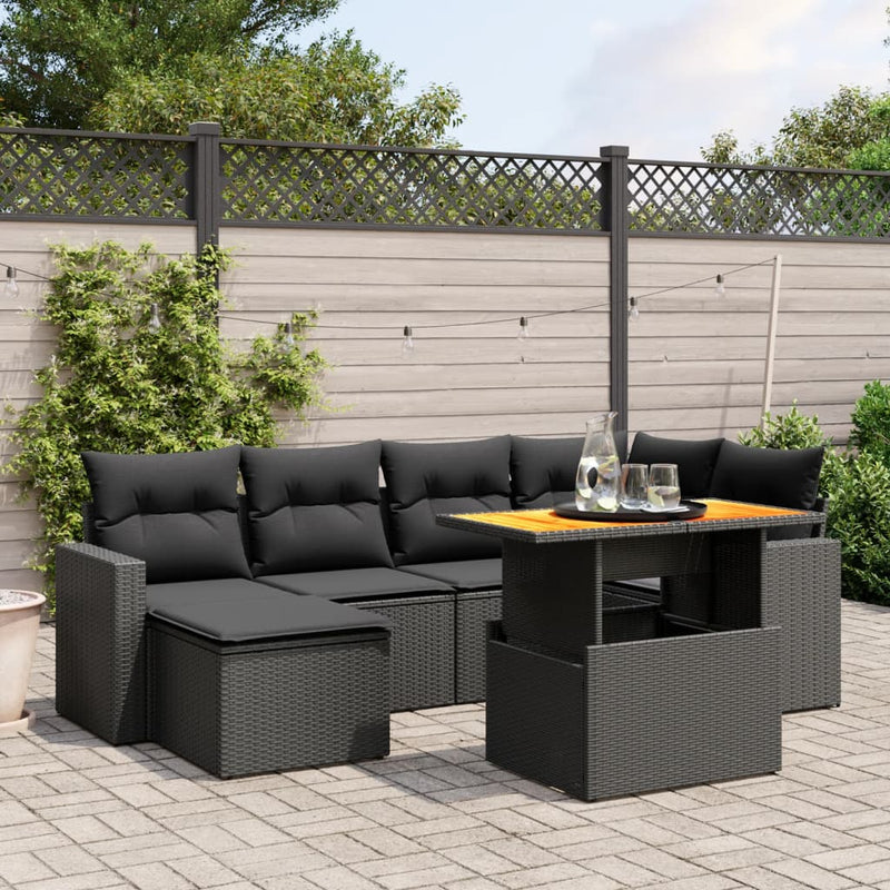 7 Piece Garden Sofa Set with Cushions Black Poly Rattan Payday Deals