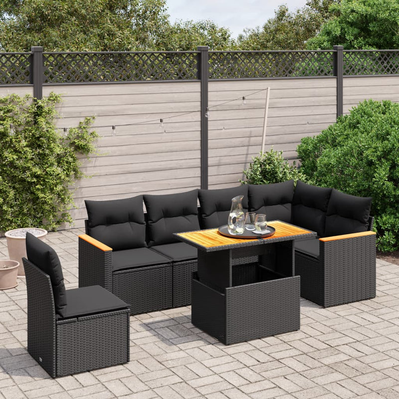7 Piece Garden Sofa Set with Cushions Black Poly Rattan Payday Deals