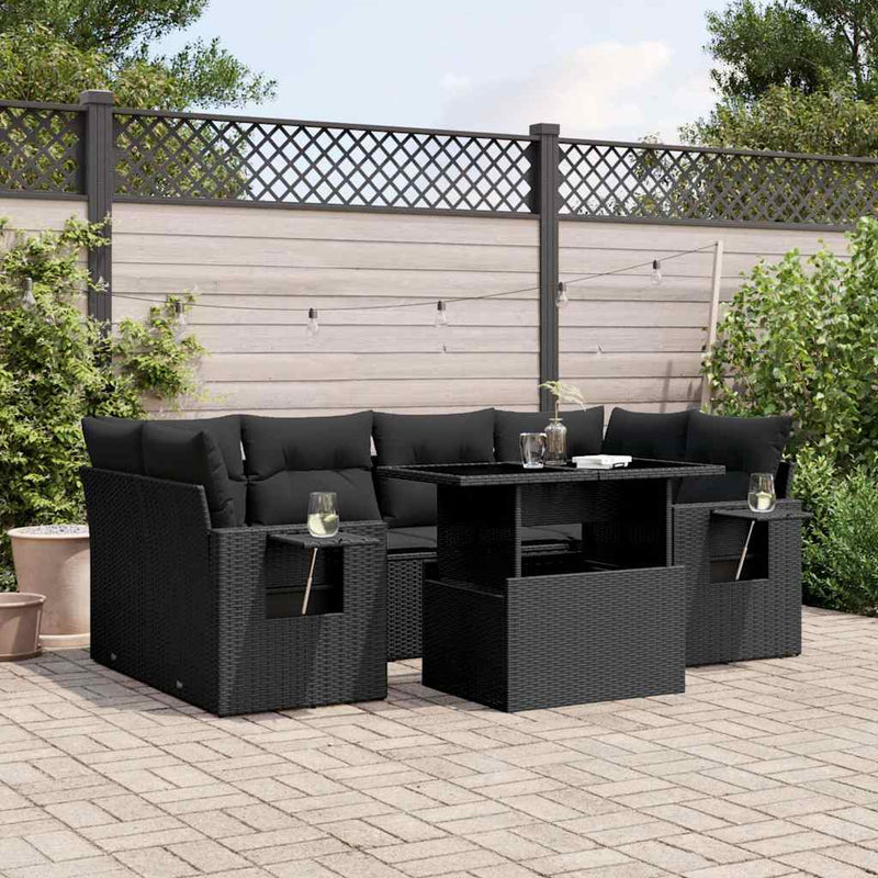 7 Piece Garden Sofa Set with Cushions Black Poly Rattan Payday Deals