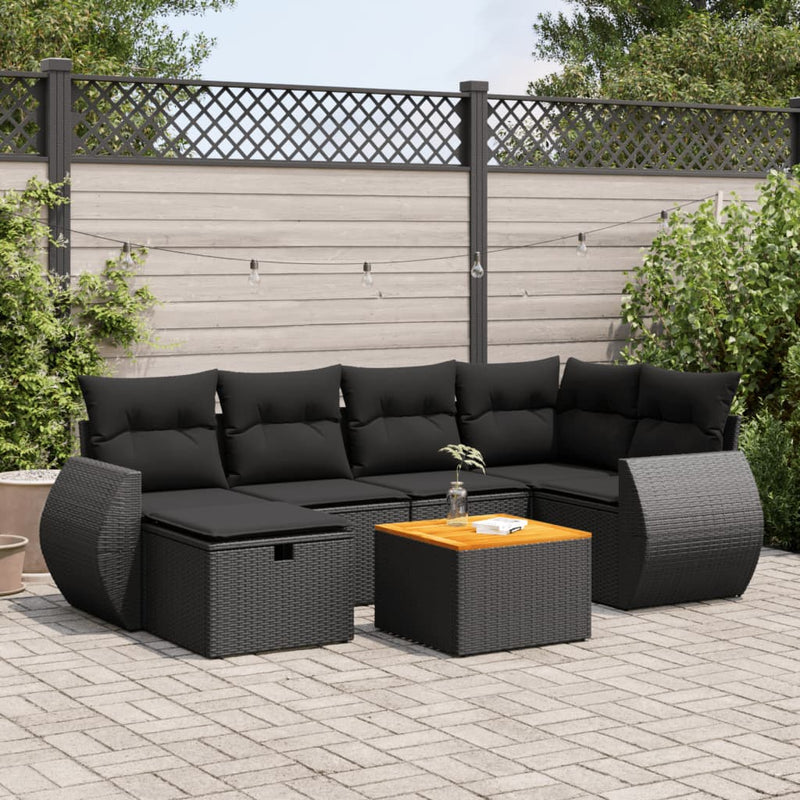 7 Piece Garden Sofa Set with Cushions Black Poly Rattan Payday Deals