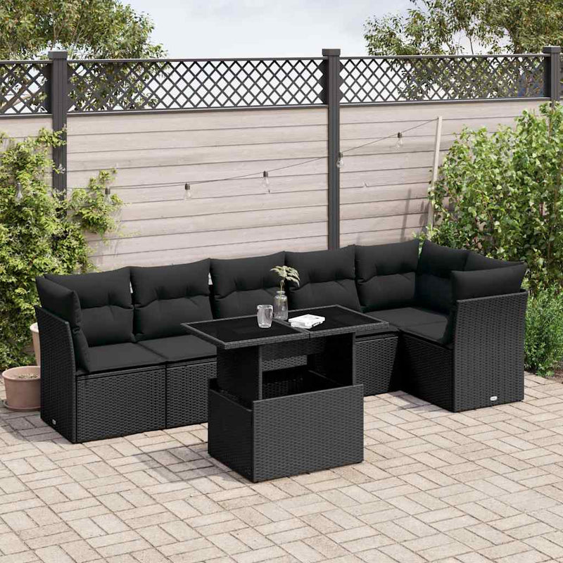 7 Piece Garden Sofa Set with Cushions Black Poly Rattan Payday Deals