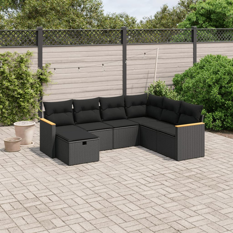 7 Piece Garden Sofa Set with Cushions Black Poly Rattan Payday Deals