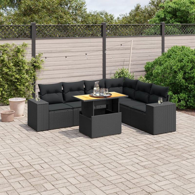 7 Piece Garden Sofa Set with Cushions Black Poly Rattan Payday Deals