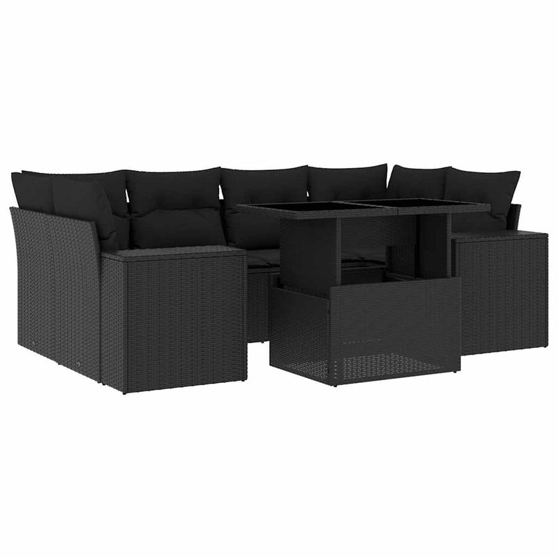 7 Piece Garden Sofa Set with Cushions Black Poly Rattan Payday Deals