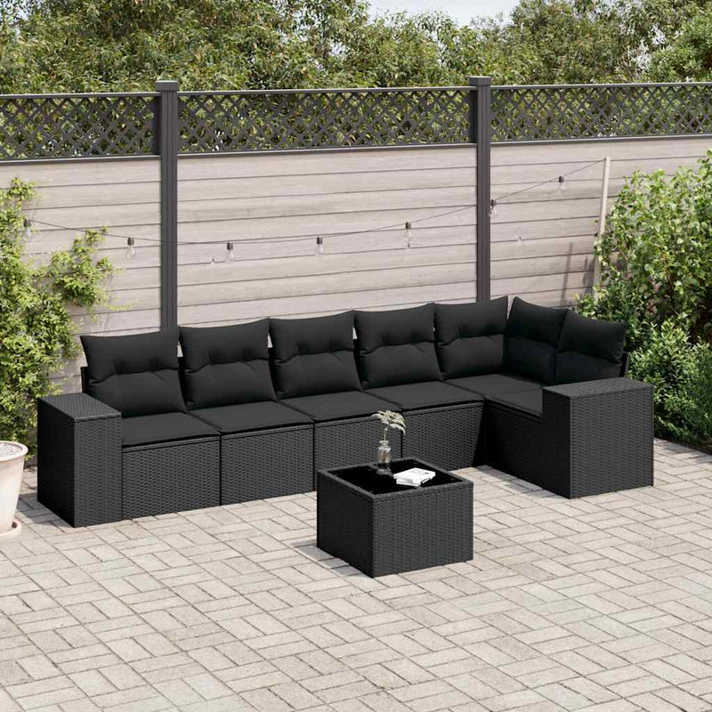 7 Piece Garden Sofa Set with Cushions Black Poly Rattan Payday Deals