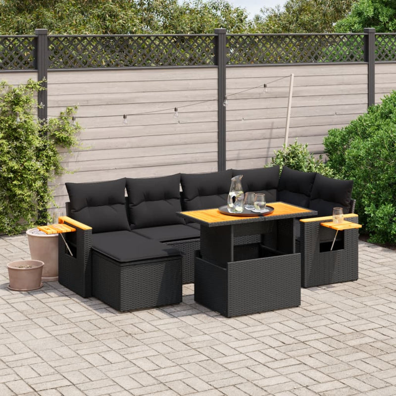 7 Piece Garden Sofa Set with Cushions Black Poly Rattan Payday Deals