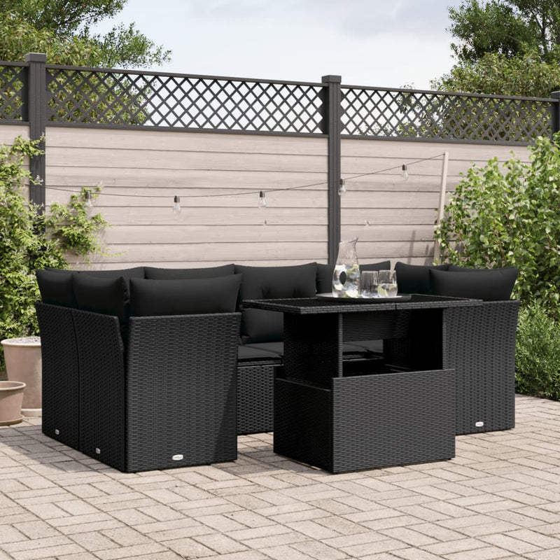 7 Piece Garden Sofa Set with Cushions Black Poly Rattan Payday Deals