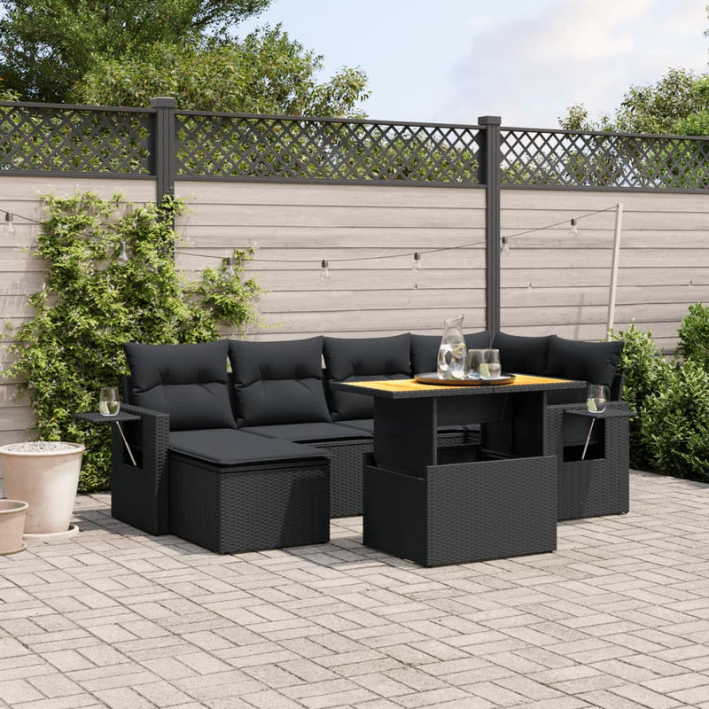 7 Piece Garden Sofa Set with Cushions Black Poly Rattan Payday Deals