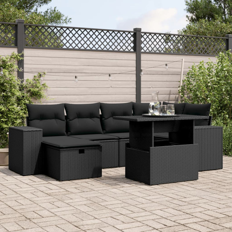 7 Piece Garden Sofa Set with Cushions Black Poly Rattan Payday Deals
