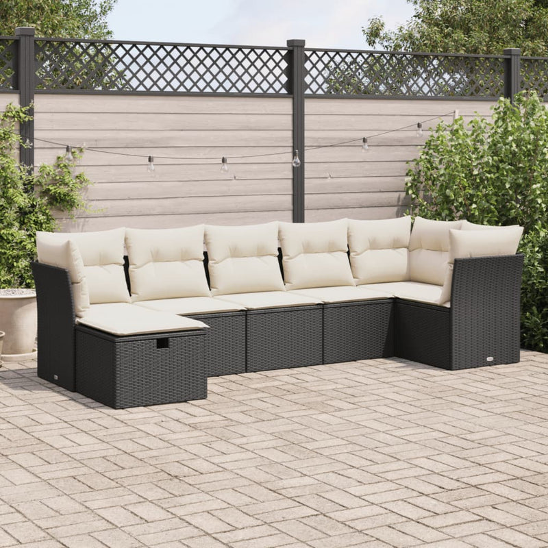 7 Piece Garden Sofa Set with Cushions Black Poly Rattan Payday Deals