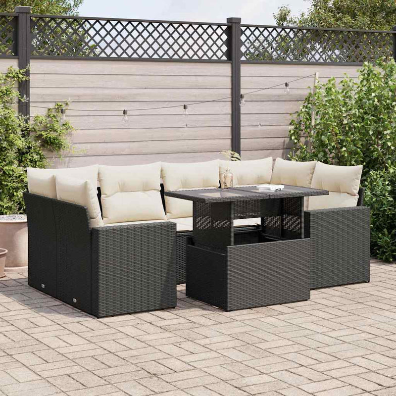 7 Piece Garden Sofa Set with Cushions Black Poly Rattan Payday Deals