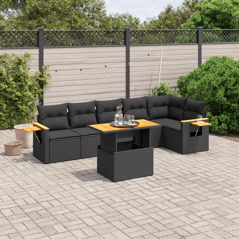 7 Piece Garden Sofa Set with Cushions Black Poly Rattan Payday Deals