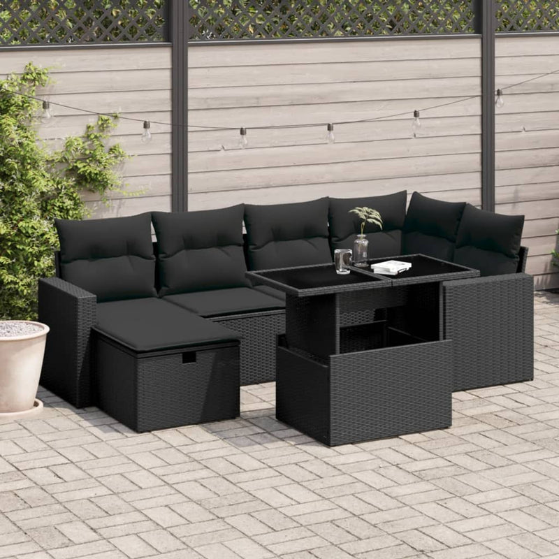 7 Piece Garden Sofa Set with Cushions Black Poly Rattan Payday Deals