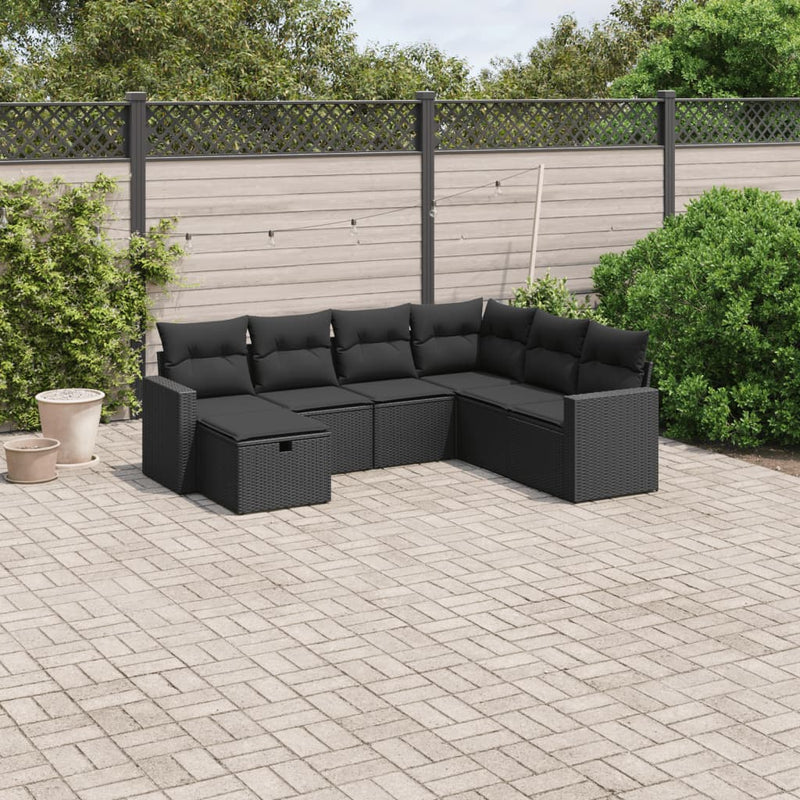 7 Piece Garden Sofa Set with Cushions Black Poly Rattan Payday Deals