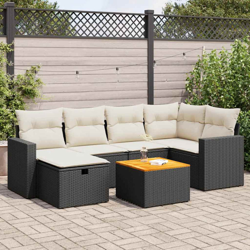 7 Piece Garden Sofa Set with Cushions Black Poly Rattan Payday Deals