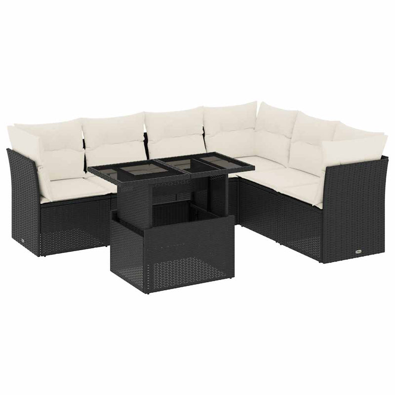 7 Piece Garden Sofa Set with Cushions Black Poly Rattan Payday Deals
