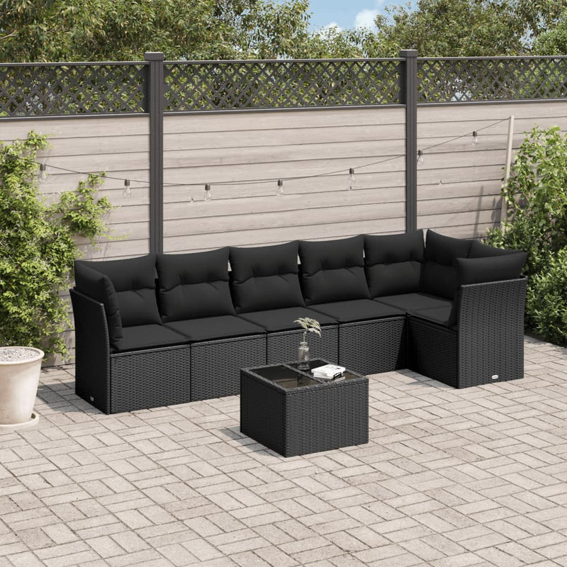 7 Piece Garden Sofa Set with Cushions Black Poly Rattan Payday Deals