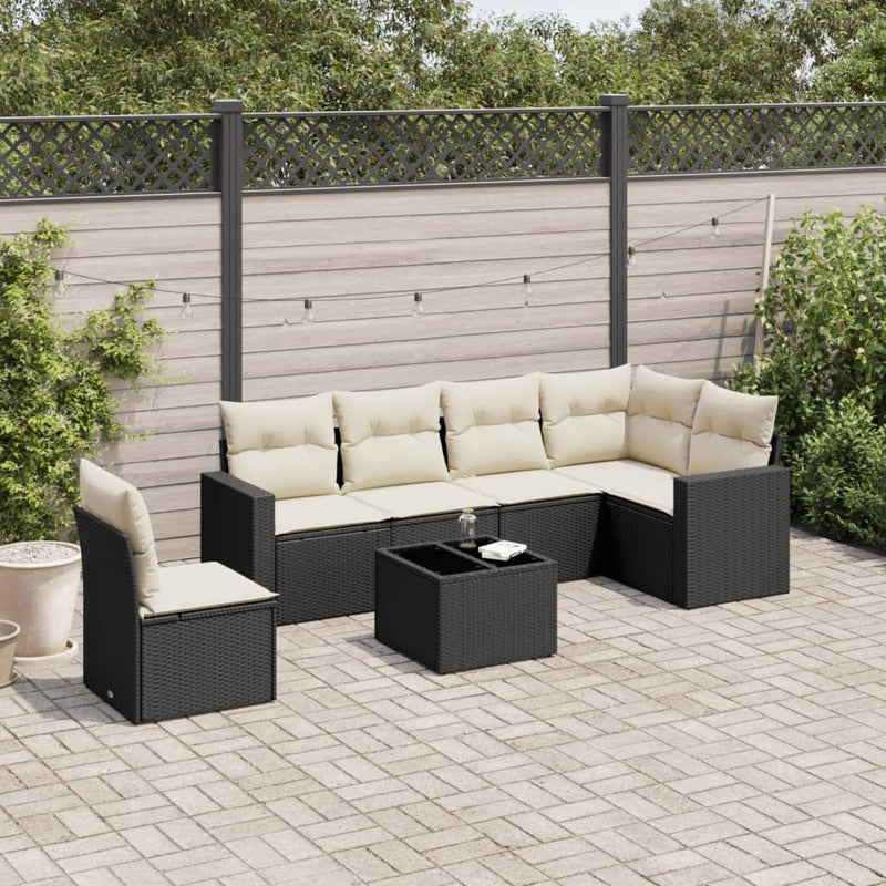 7 Piece Garden Sofa Set with Cushions Black Poly Rattan Payday Deals