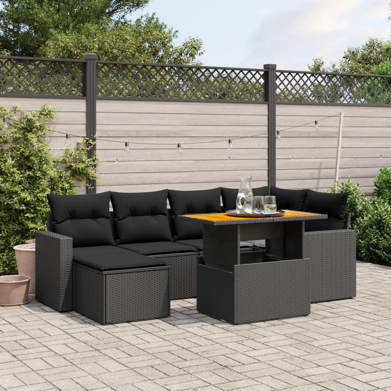 7 Piece Garden Sofa Set with Cushions Black Poly Rattan Payday Deals