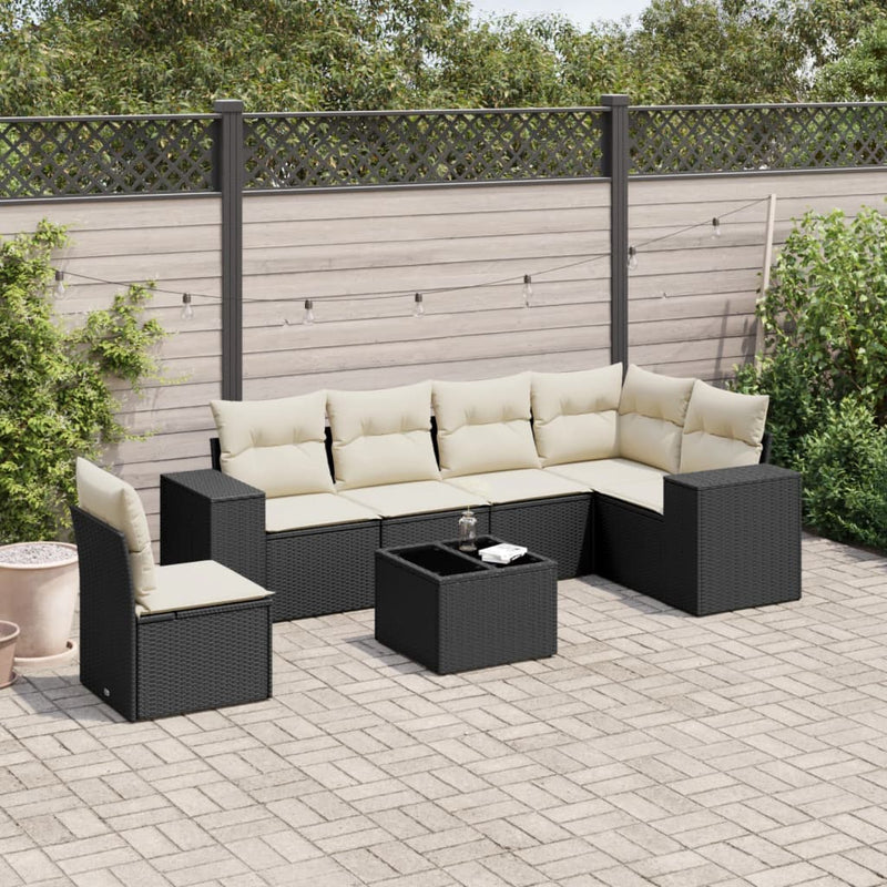 7 Piece Garden Sofa Set with Cushions Black Poly Rattan Payday Deals
