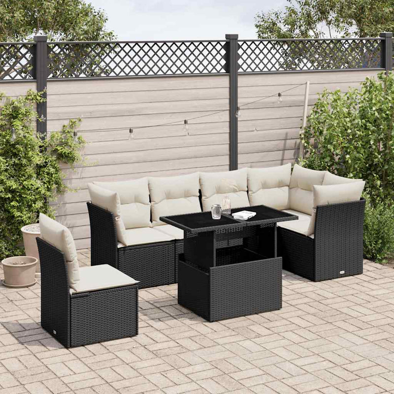7 Piece Garden Sofa Set with Cushions Black Poly Rattan Payday Deals