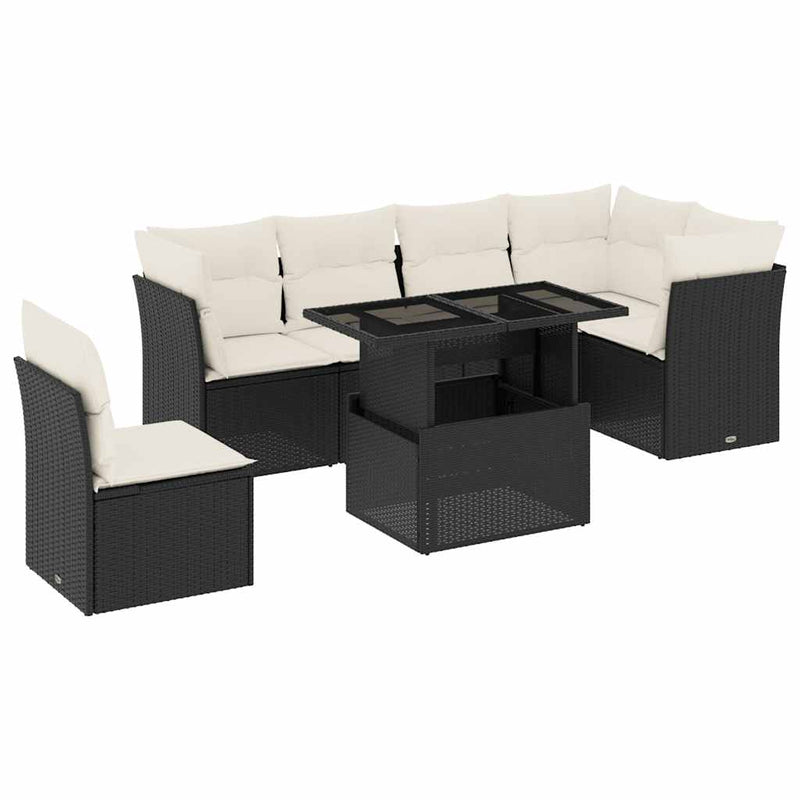 7 Piece Garden Sofa Set with Cushions Black Poly Rattan Payday Deals