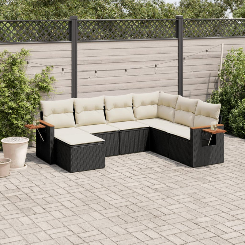 7 Piece Garden Sofa Set with Cushions Black Poly Rattan Payday Deals