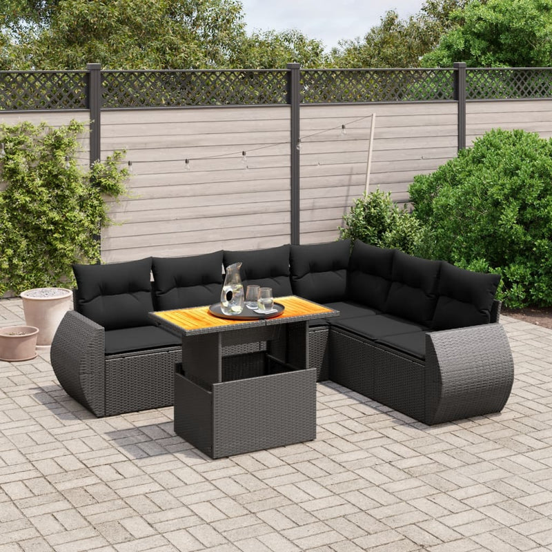 7 Piece Garden Sofa Set with Cushions Black Poly Rattan Payday Deals