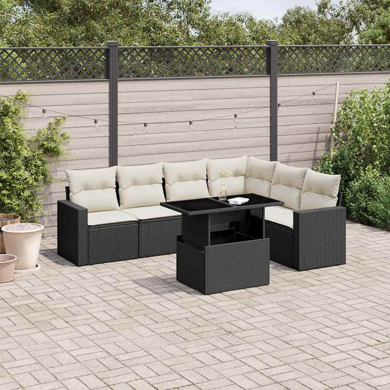 7 Piece Garden Sofa Set with Cushions Black Poly Rattan Payday Deals