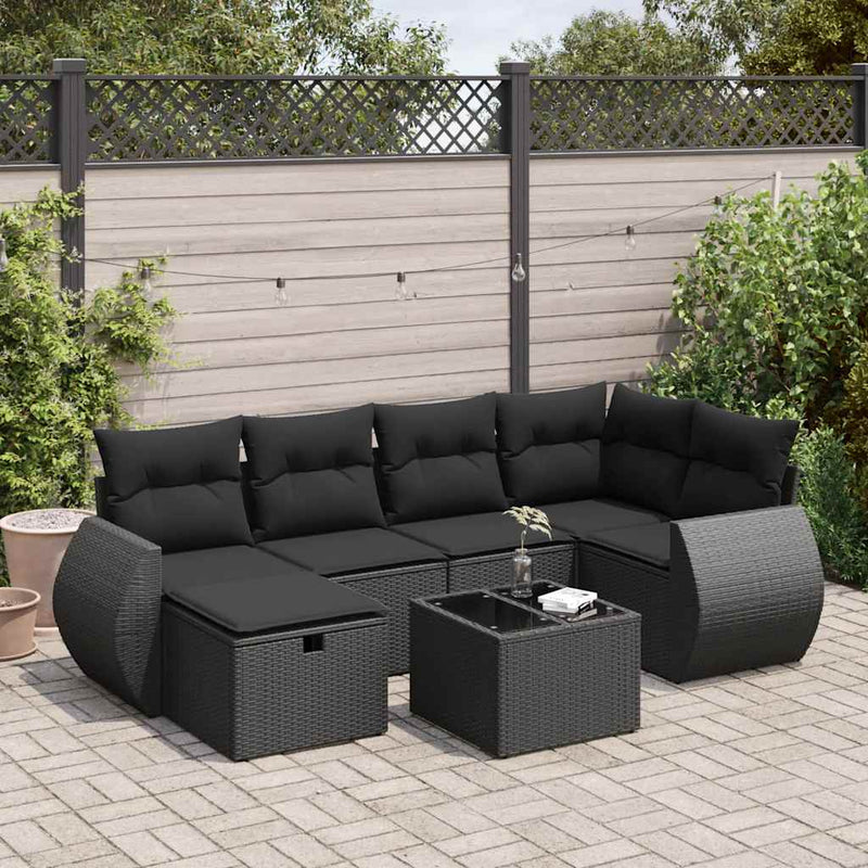 7 Piece Garden Sofa Set with Cushions Black Poly Rattan Payday Deals