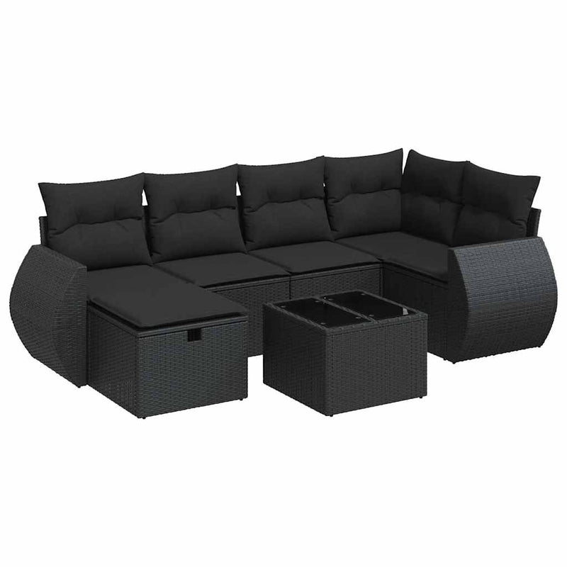 7 Piece Garden Sofa Set with Cushions Black Poly Rattan Payday Deals