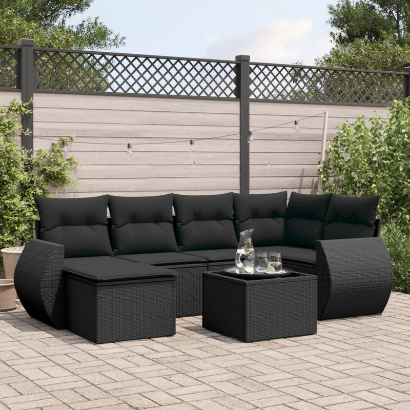 7 Piece Garden Sofa Set with Cushions Black Poly Rattan Payday Deals