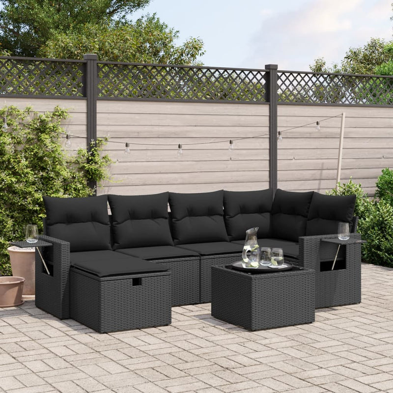 7 Piece Garden Sofa Set with Cushions Black Poly Rattan Payday Deals