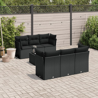 7 Piece Garden Sofa Set with Cushions Black Poly Rattan