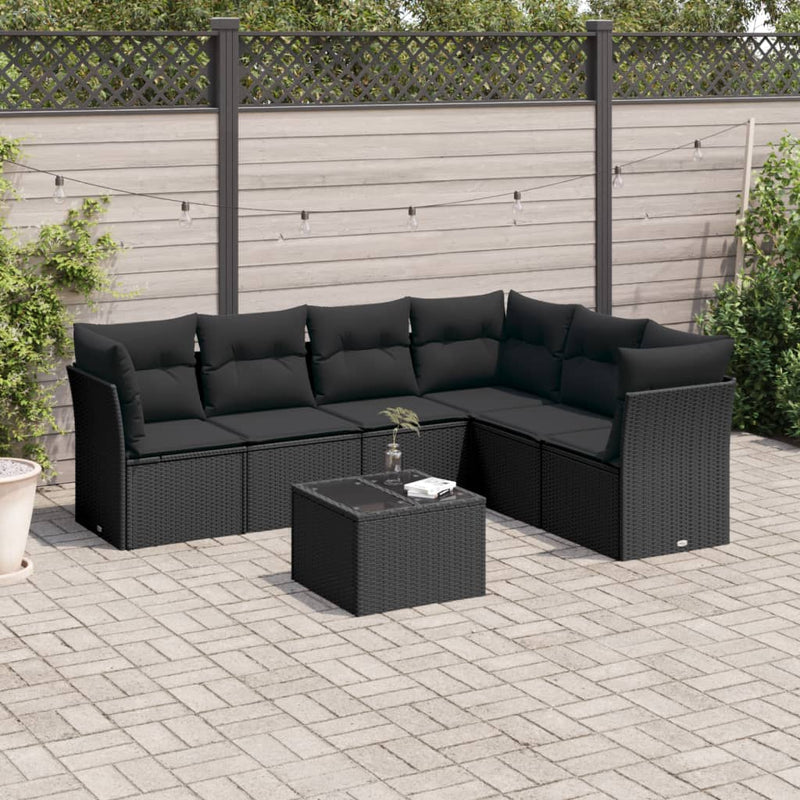 7 Piece Garden Sofa Set with Cushions Black Poly Rattan Payday Deals