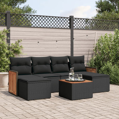 7 Piece Garden Sofa Set with Cushions Black Poly Rattan